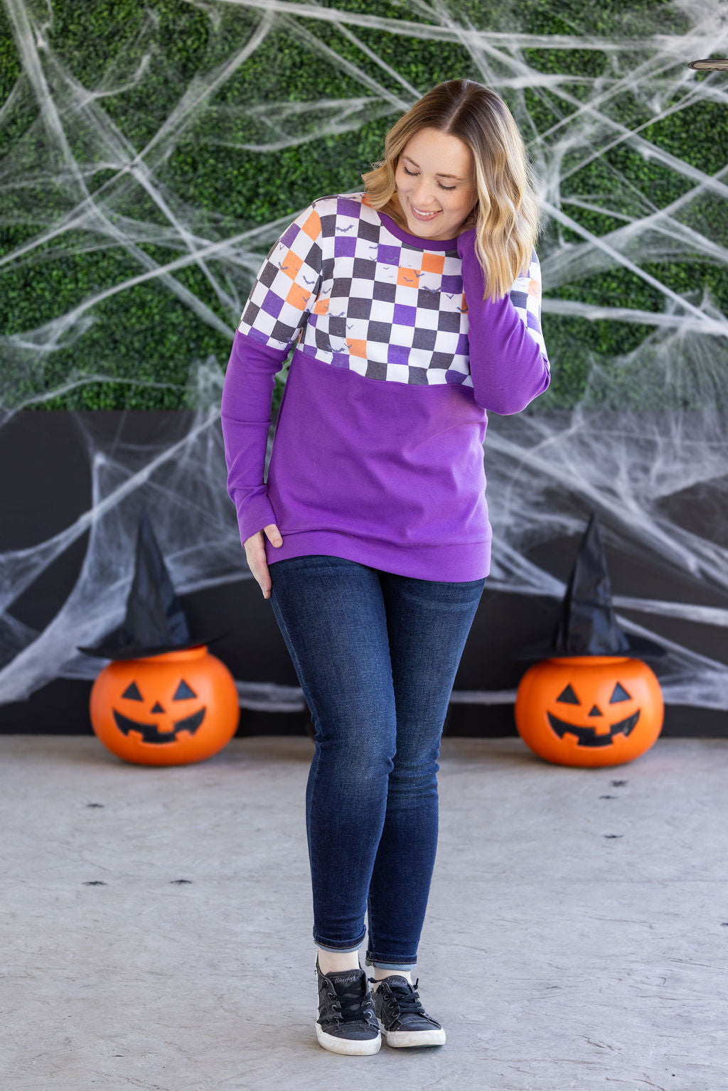 Natalie Pullover - Checkered Bats and Purple